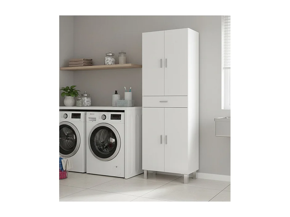 Armoire polyvalente Delobo, Meuble de salle de bain ou buanderie avec 4 portes et 1 tiroir, Armoire à chaussures polyvalente, 60x29h182 cm, Blanc brillant