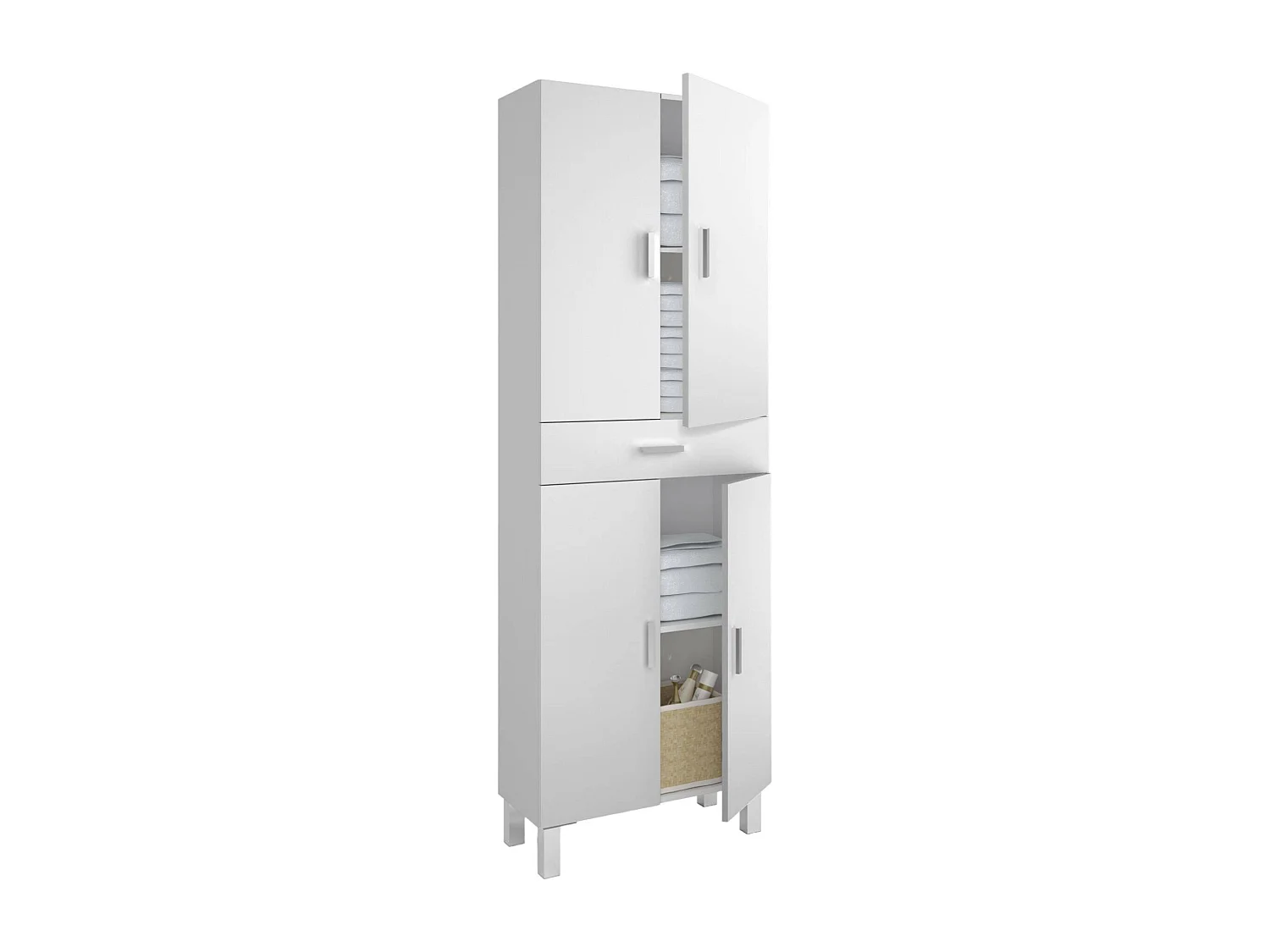 Armoire polyvalente Delobo, Meuble de salle de bain ou buanderie avec 4 portes et 1 tiroir, Armoire à chaussures polyvalente, 60x29h182 cm, Blanc brillant