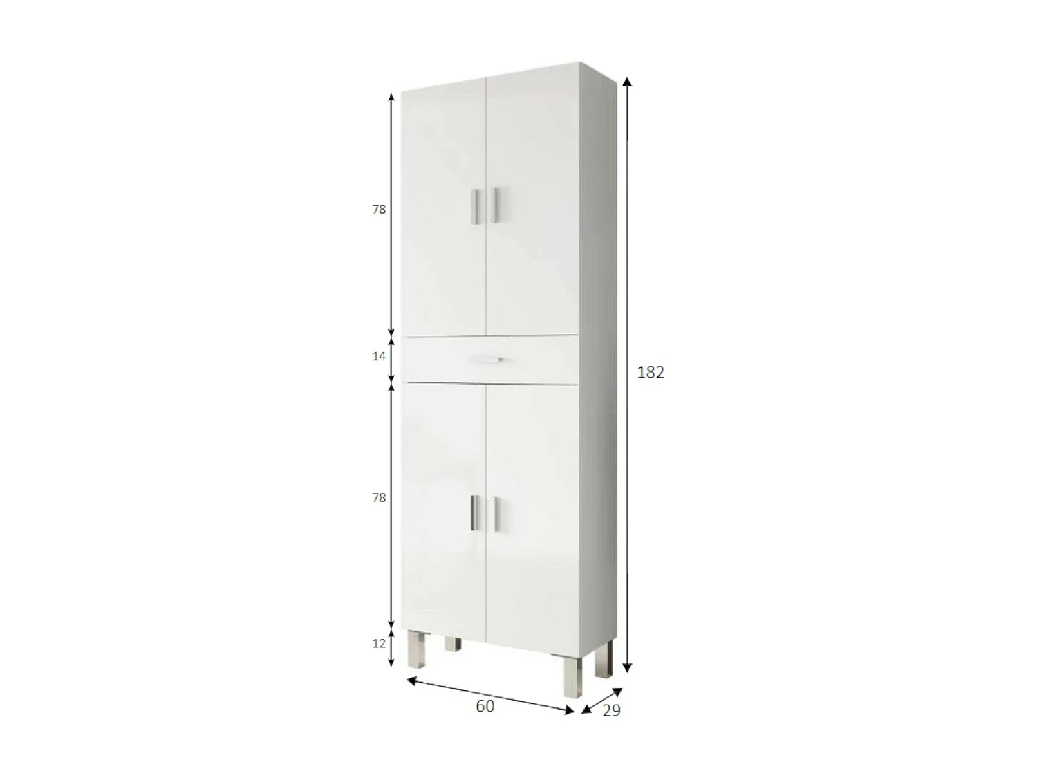 Armoire polyvalente Delobo, Meuble de salle de bain ou buanderie avec 4 portes et 1 tiroir, Armoire à chaussures polyvalente, 60x29h182 cm, Blanc brillant