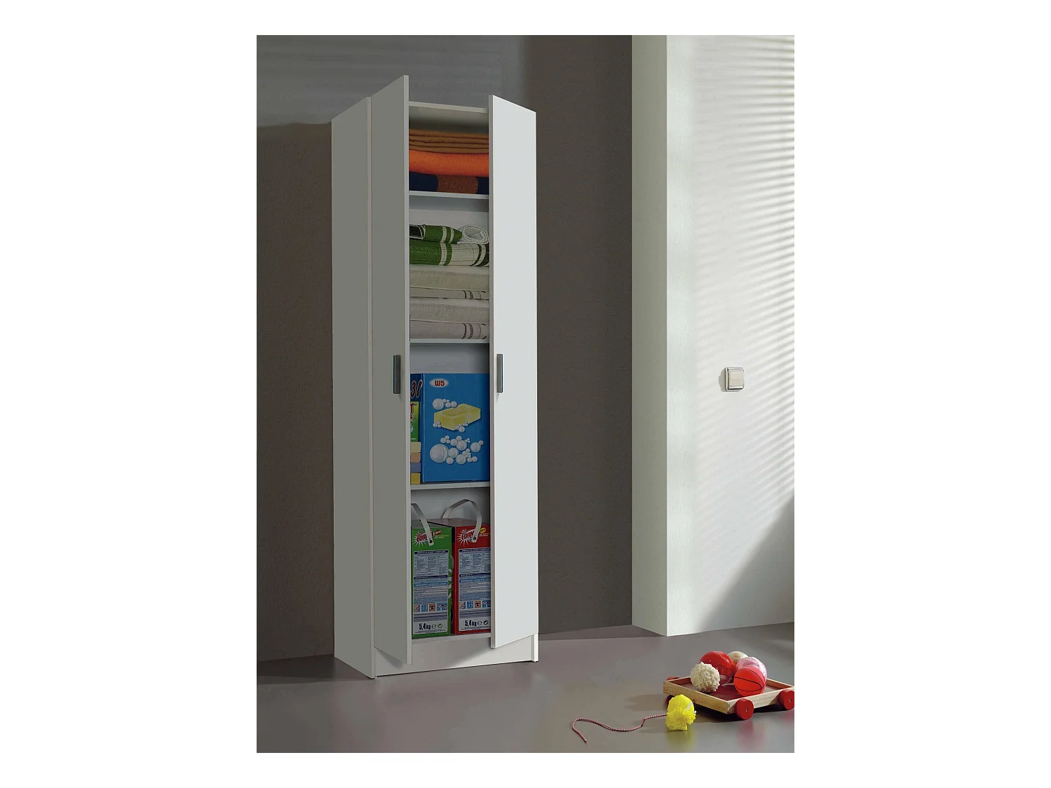 Mehrzweck-Kabinett Dmarra, Beistellschrank mit 2 Türen, Schuhregal mit 3 Ablagen, Modernes hohes Schuhregal, 59x37h180 cm, Weiß