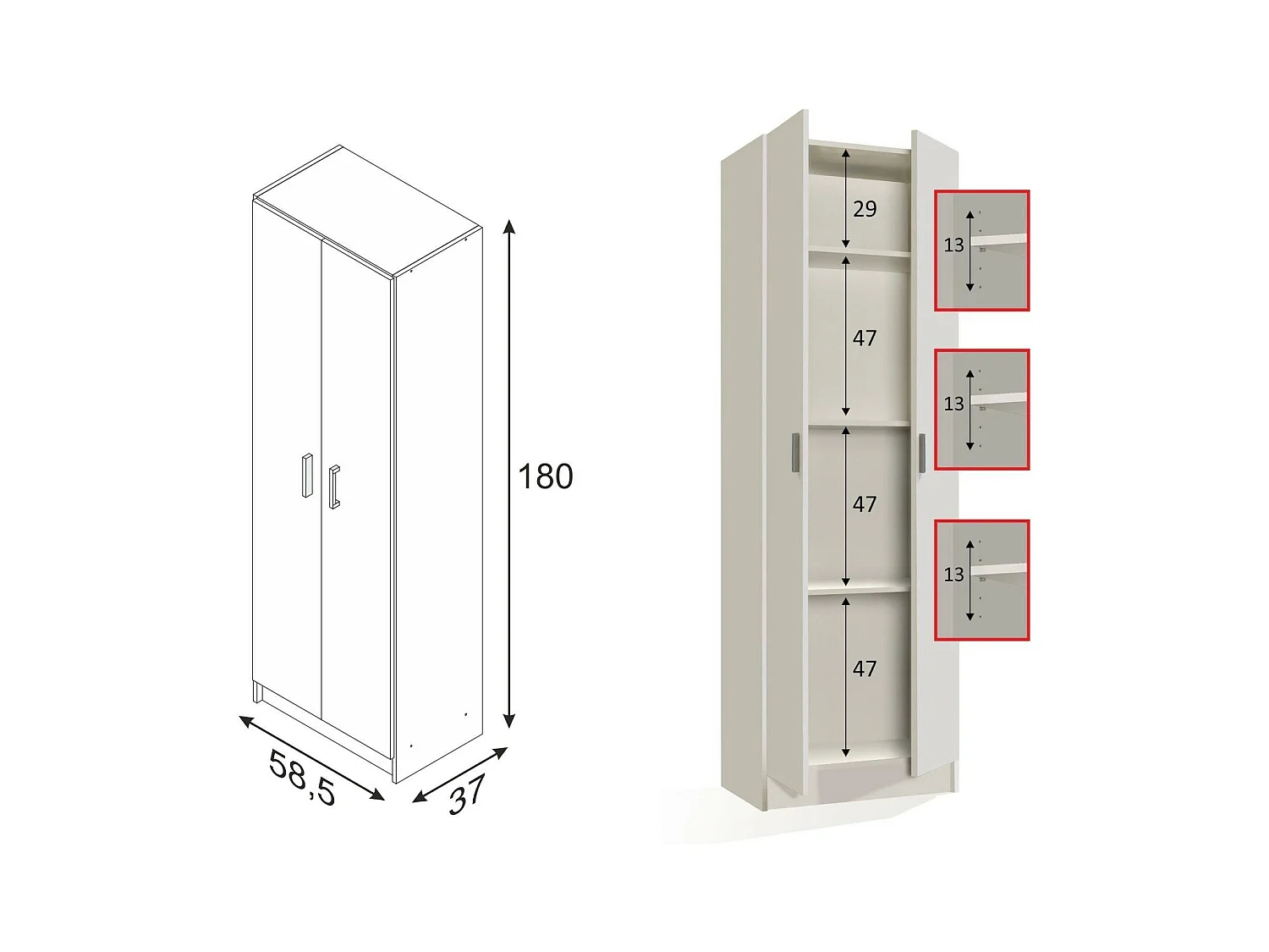 Mehrzweck-Kabinett Dmarra, Beistellschrank mit 2 Türen, Schuhregal mit 3 Ablagen, Modernes hohes Schuhregal, 59x37h180 cm, Weiß
