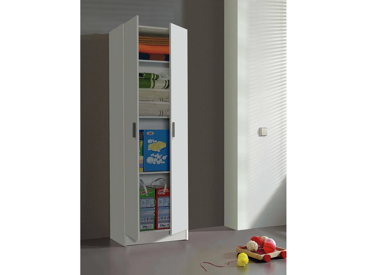 Armoire polyvalente Dmarra, Armoire auxiliaire avec 2 portes, Étagère à chaussures avec 3 étagères, Étagère à chaussures haute moderne, 59x37h180 cm, Blanc