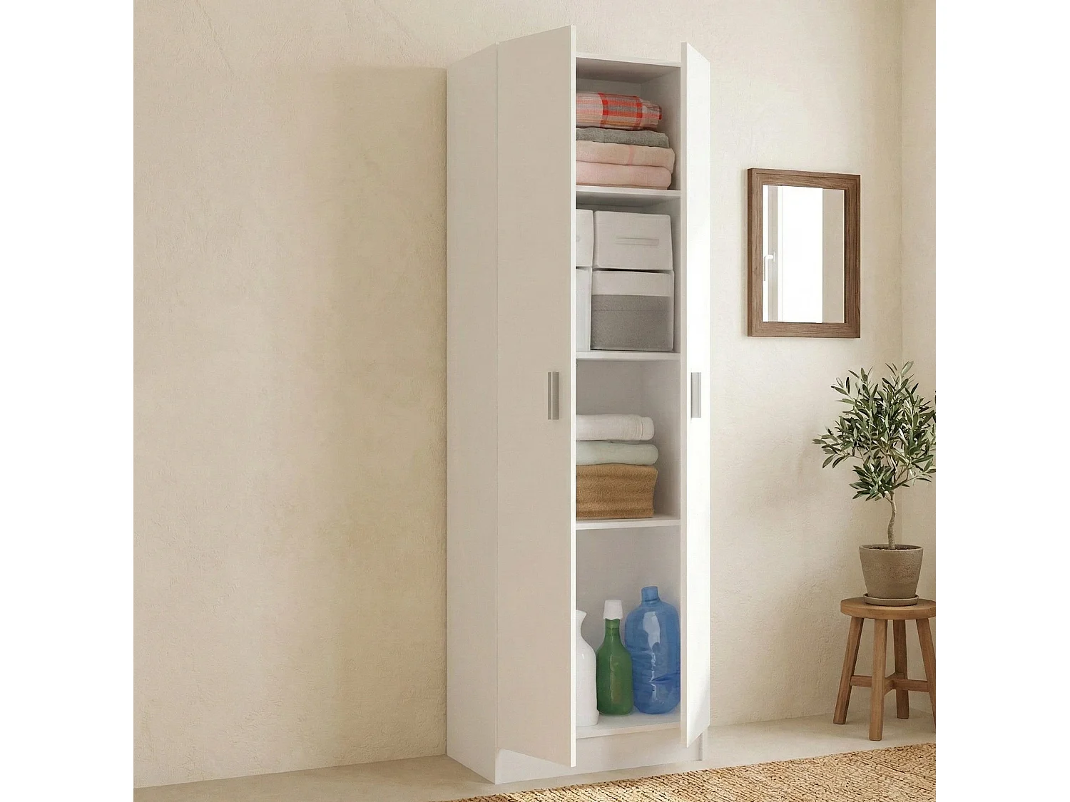Armoire polyvalente Dmarra, Armoire auxiliaire avec 2 portes, Étagère à chaussures avec 3 étagères, Étagère à chaussures haute moderne, 59x37h180 cm, Blanc