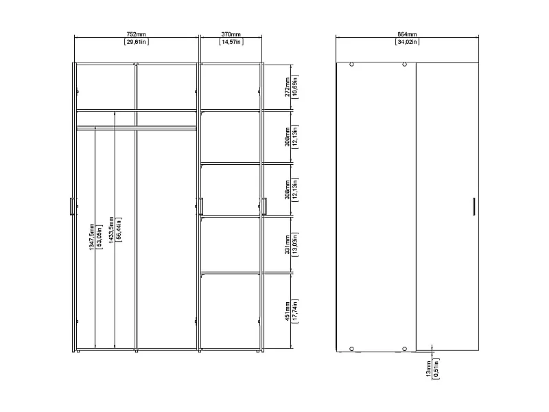 Dmora - Guardaroba 3 ante Dsegr, 115x49 h175 cm, Bianco