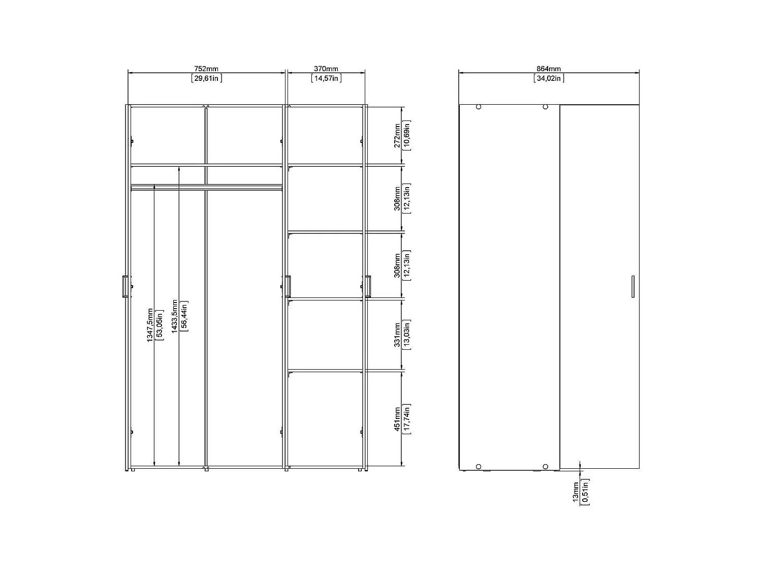 Dmora - Guardaroba 3 ante Dsegr, 115x49 h175 cm, Bianco