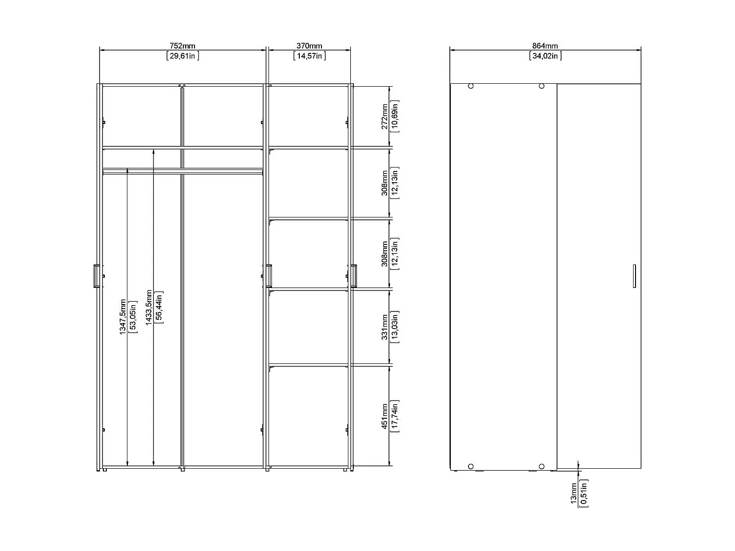 Kledingkast met drie draaideuren met vier interne planken en kleerhangerstang, kleur wit, afmetingen 115 x 175 x 49 cm