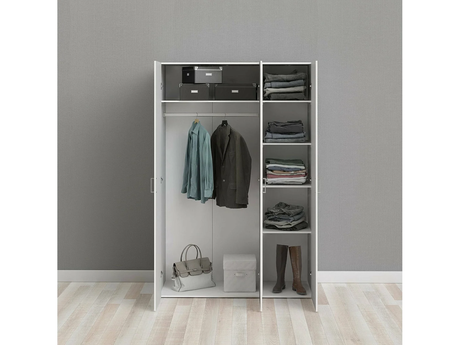 Armoire à trois portes battantes avec quatre étagères internes et tringle à vêtements, couleur blanche, Dimensions 115 x 175 x 49 cm