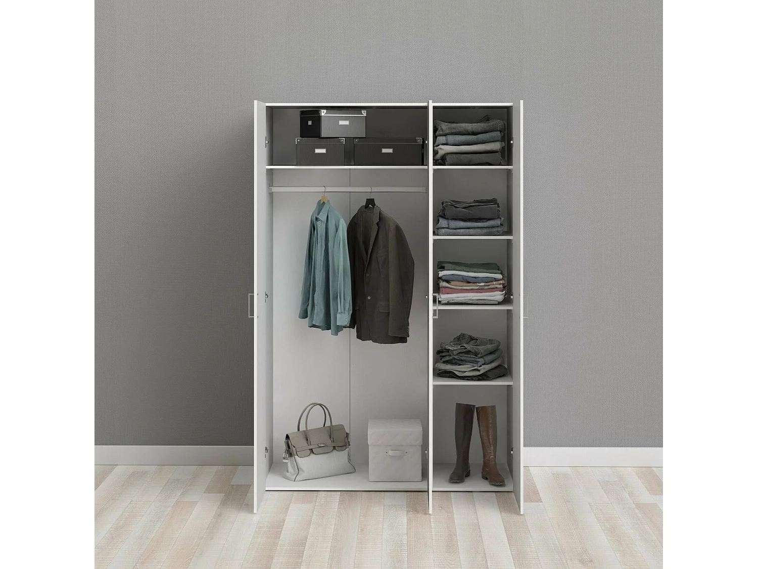 Armário com três portas de batente com quatro prateleiras internas e barra para cabide, cor branco, medidas 115 x 175 x 49 cm