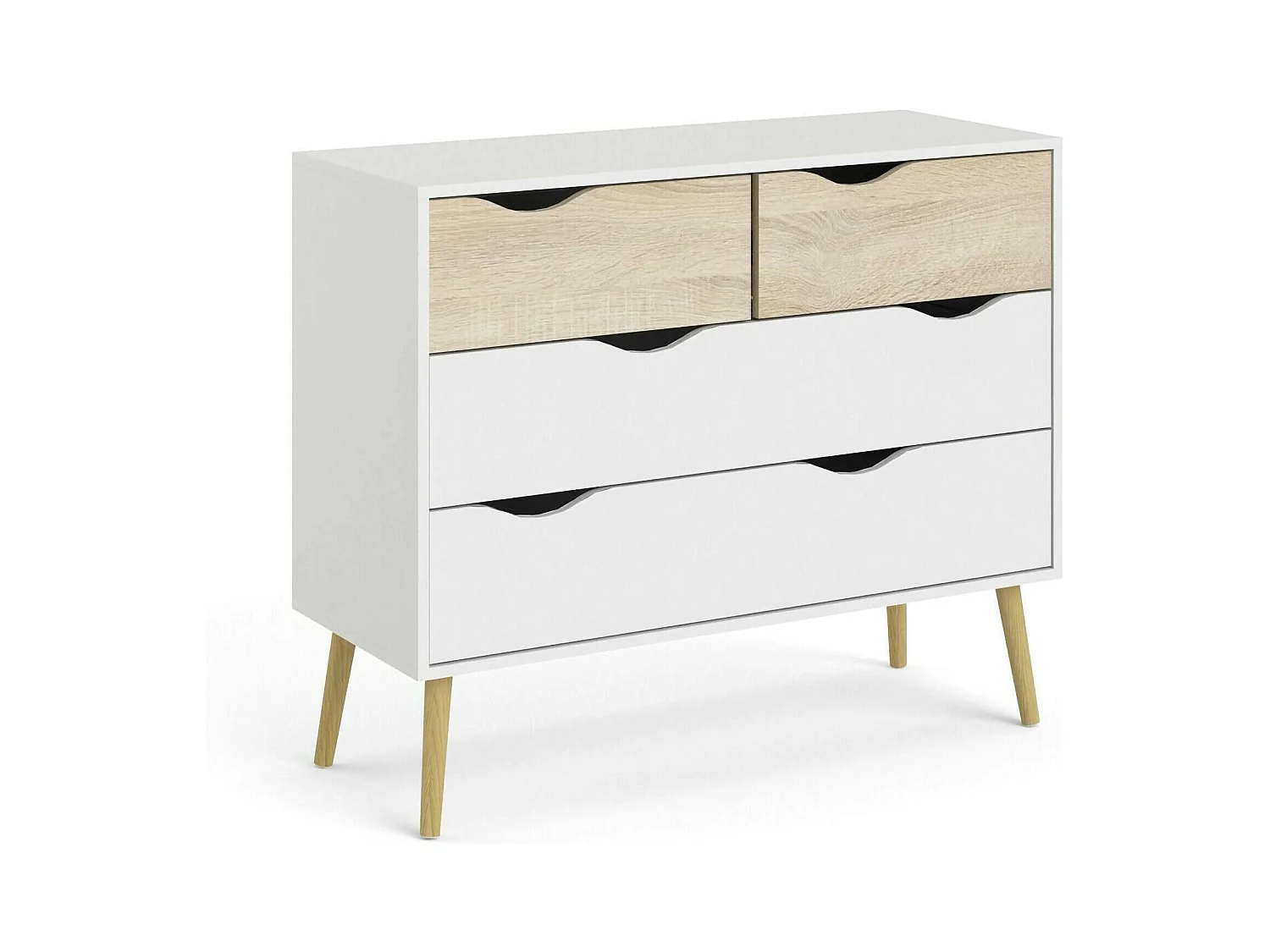 Commode à quatre tiroirs, blanc et chêne, Mesures 98 x 81 x 39 cm