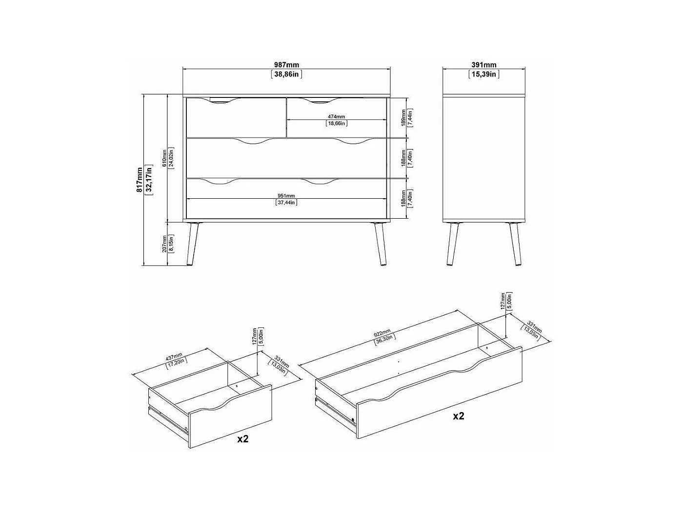 Commode à quatre tiroirs, blanc et chêne, Mesures 98 x 81 x 39 cm