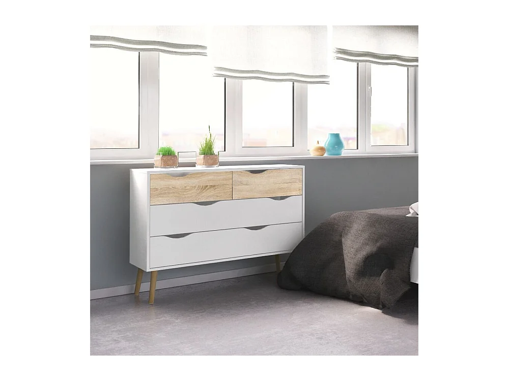 Commode à quatre tiroirs, blanc et chêne, Mesures 98 x 81 x 39 cm