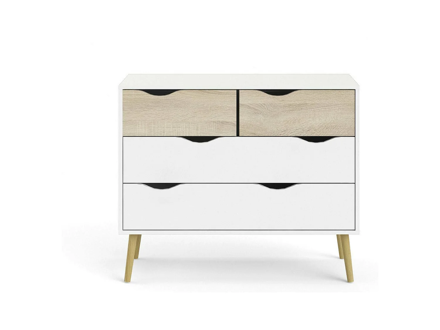 Commode à quatre tiroirs, blanc et chêne, Mesures 98 x 81 x 39 cm