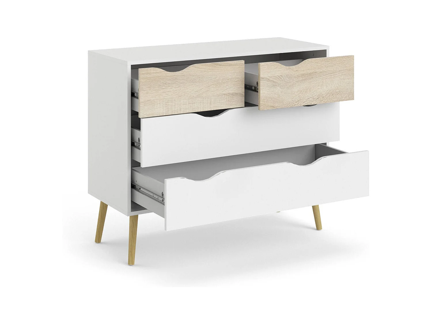 Commode à quatre tiroirs, blanc et chêne, Mesures 98 x 81 x 39 cm