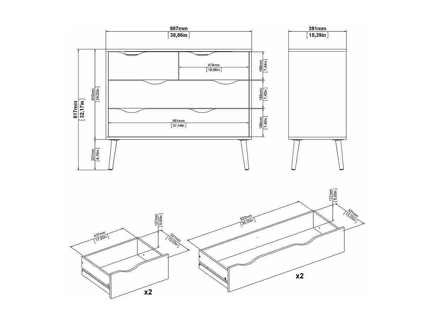 Commode à quatre tiroirs, blanc et chêne, Mesures 98 x 81 x 39 cm