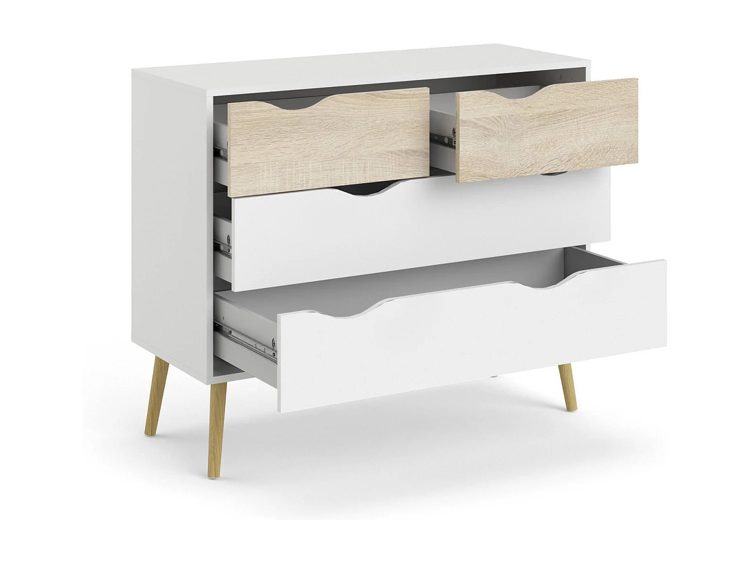 Cômoda com quatro gavetas, cor branca e carvalho, mede 98 x 81 x 39 cm