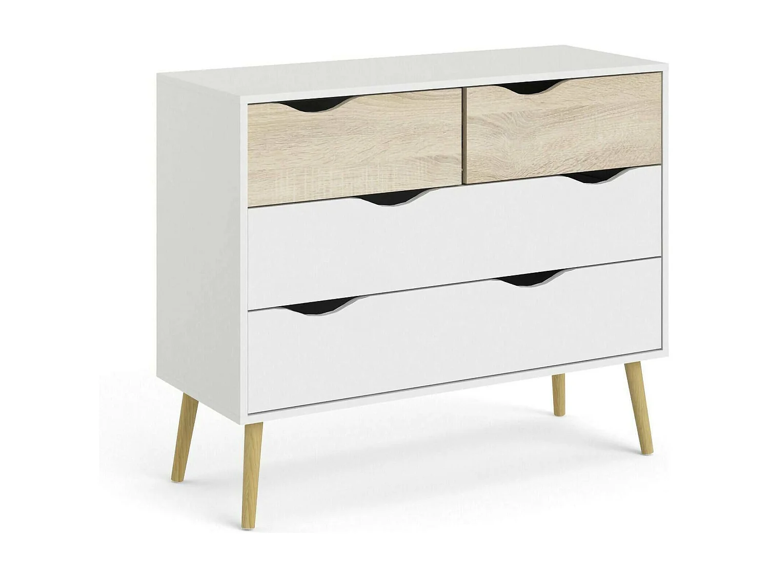 Commode à quatre tiroirs, blanc et chêne, Mesures 98 x 81 x 39 cm