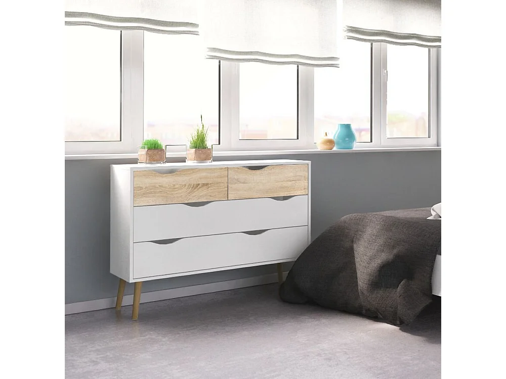 Commode à quatre tiroirs, blanc et chêne, Mesures 98 x 81 x 39 cm