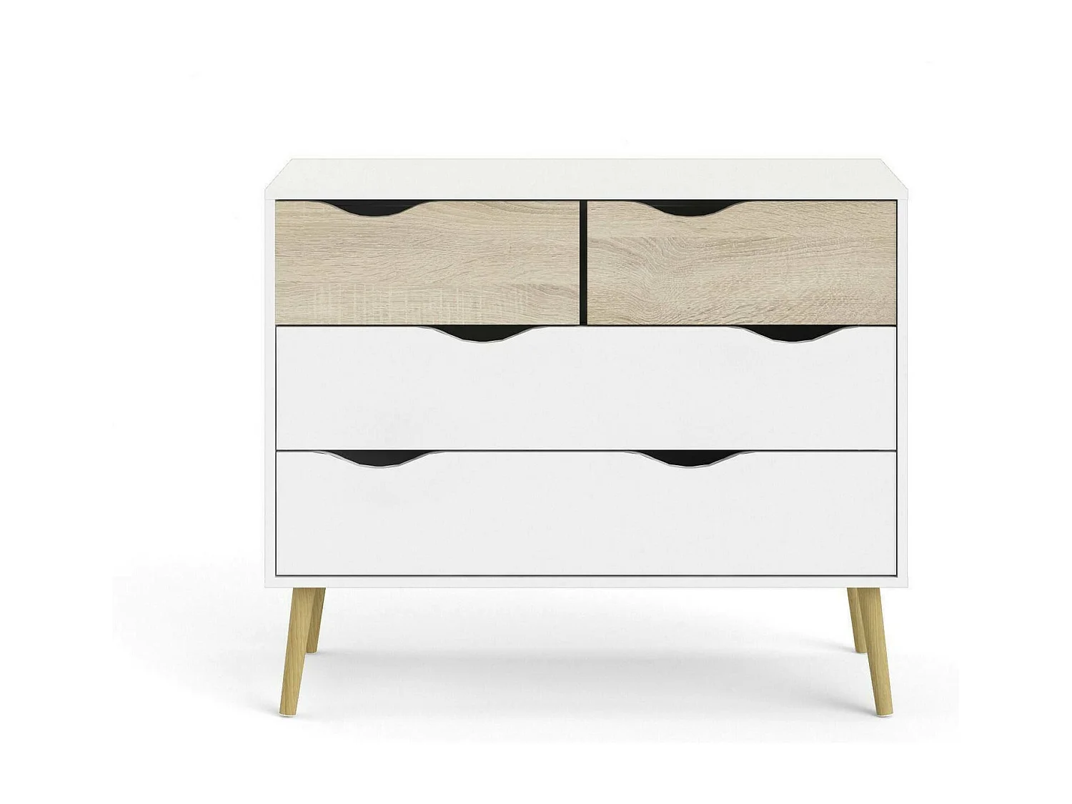 Commode à quatre tiroirs, blanc et chêne, Mesures 98 x 81 x 39 cm