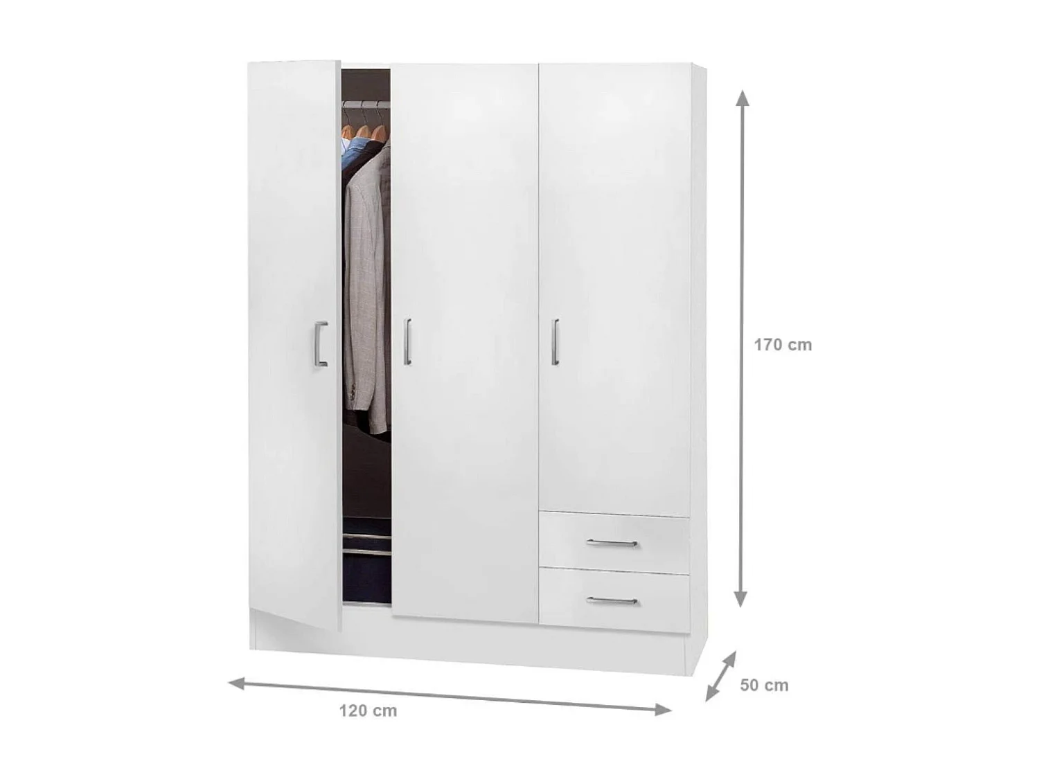 Roupeiro 0, Roupeiro moderno com 3 portas de batente 2 gavetas, Móvel de quarto linear com tubo cabide, 120x50h170 cm, Branco