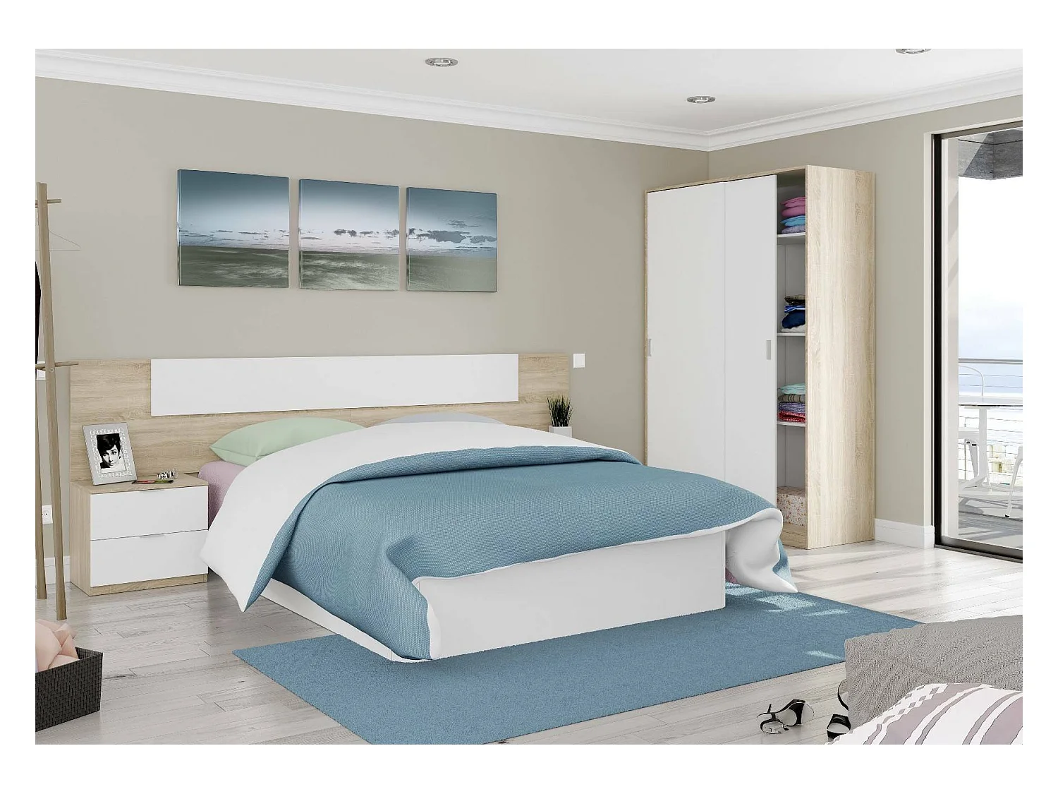 Armoire Dnoce, Armoire de chambre avec 2 portes coulissantes, Armoire avec 3 étagères et tringle à vêtements, 120x50h200 cm, Chêne et Blanc