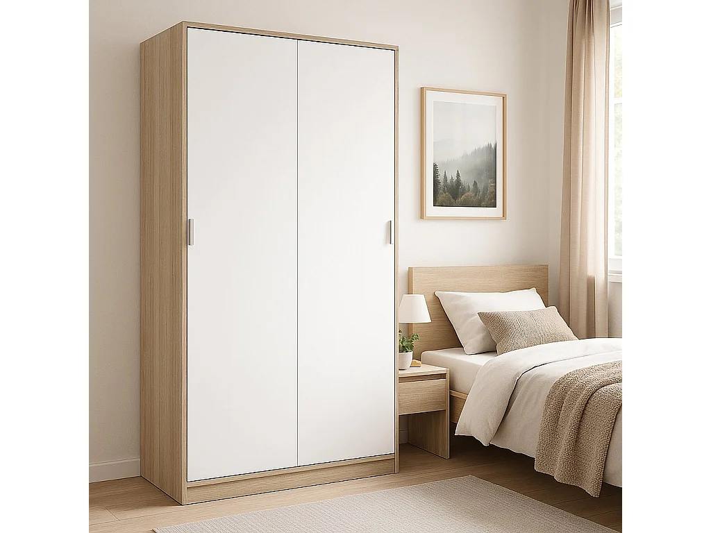 Armoire Dnoce, Armoire de chambre avec 2 portes coulissantes, Armoire avec 3 étagères et tringle à vêtements, 120x50h200 cm, Chêne et Blanc