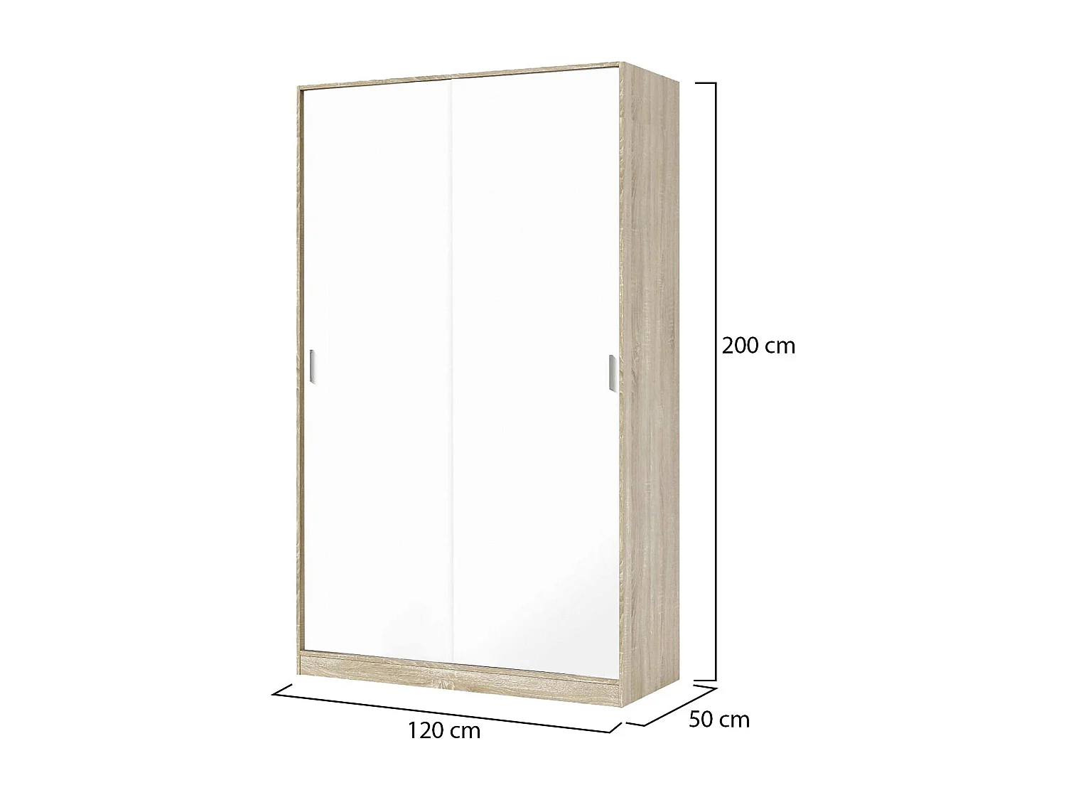 Armoire Dnoce, Armoire de chambre avec 2 portes coulissantes, Armoire avec 3 étagères et tringle à vêtements, 120x50h200 cm, Chêne et Blanc