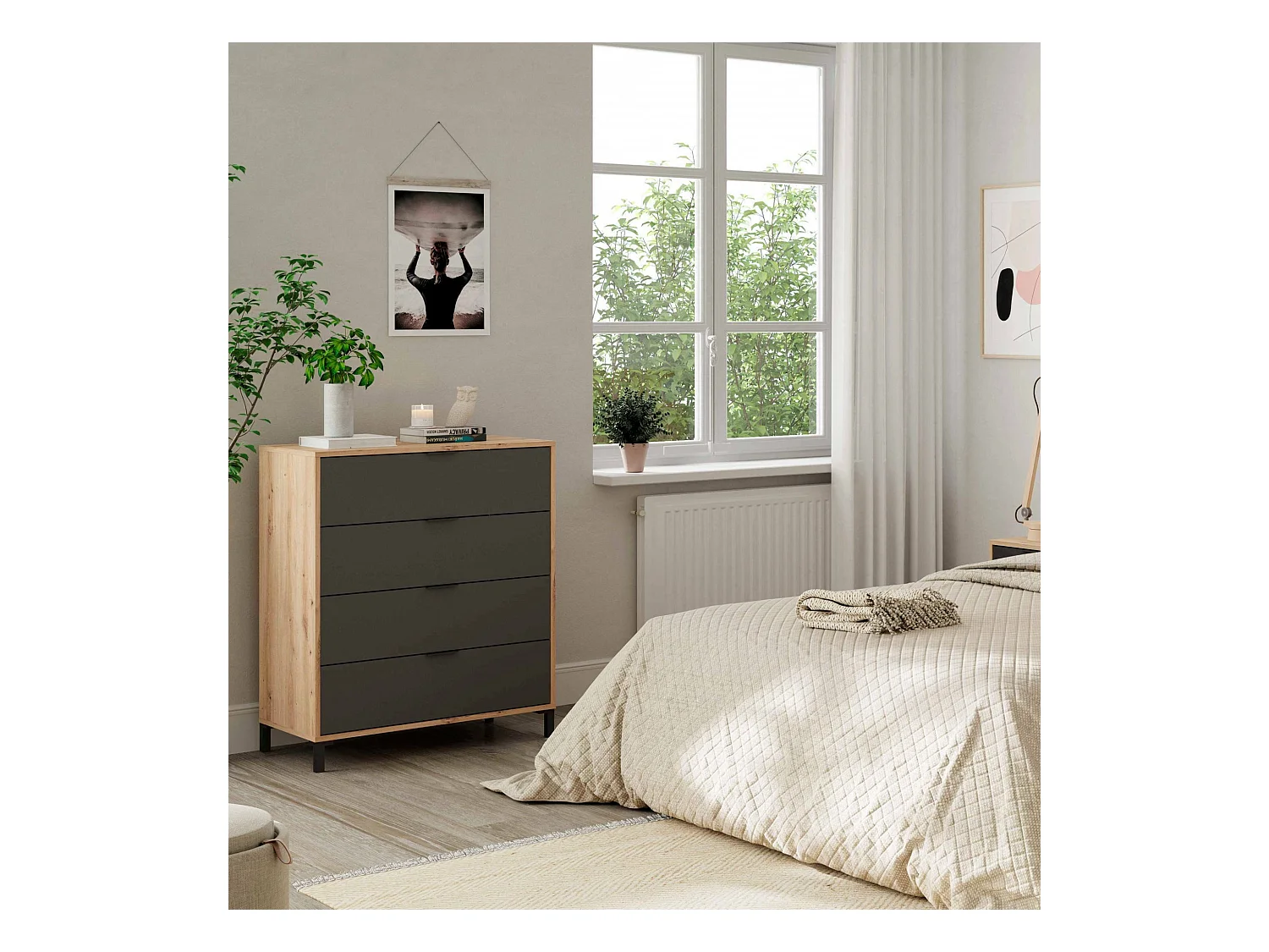 Commode Dmaniero, Commode à 4 tiroirs, Commode pour la chambre, Commode moderne, 76x40h94 cm, Chêne noué et Anthracite