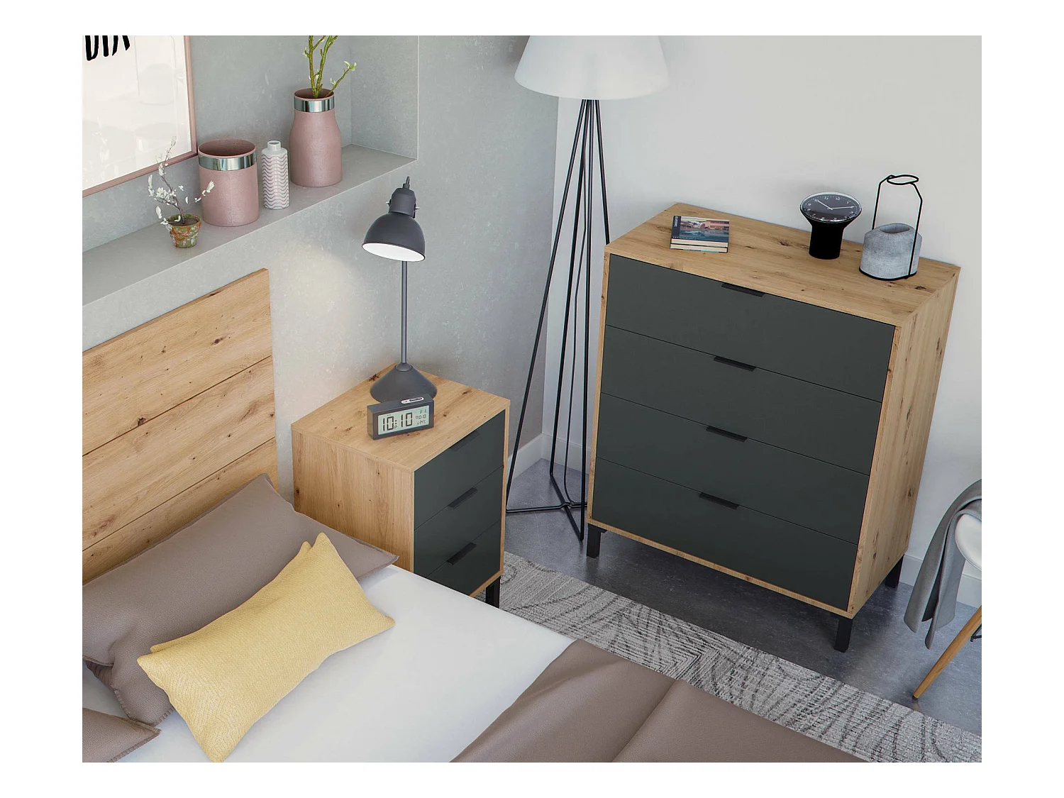 Commode Dmaniero, Commode à 4 tiroirs, Commode pour la chambre, Commode moderne, 76x40h94 cm, Chêne noué et Anthracite