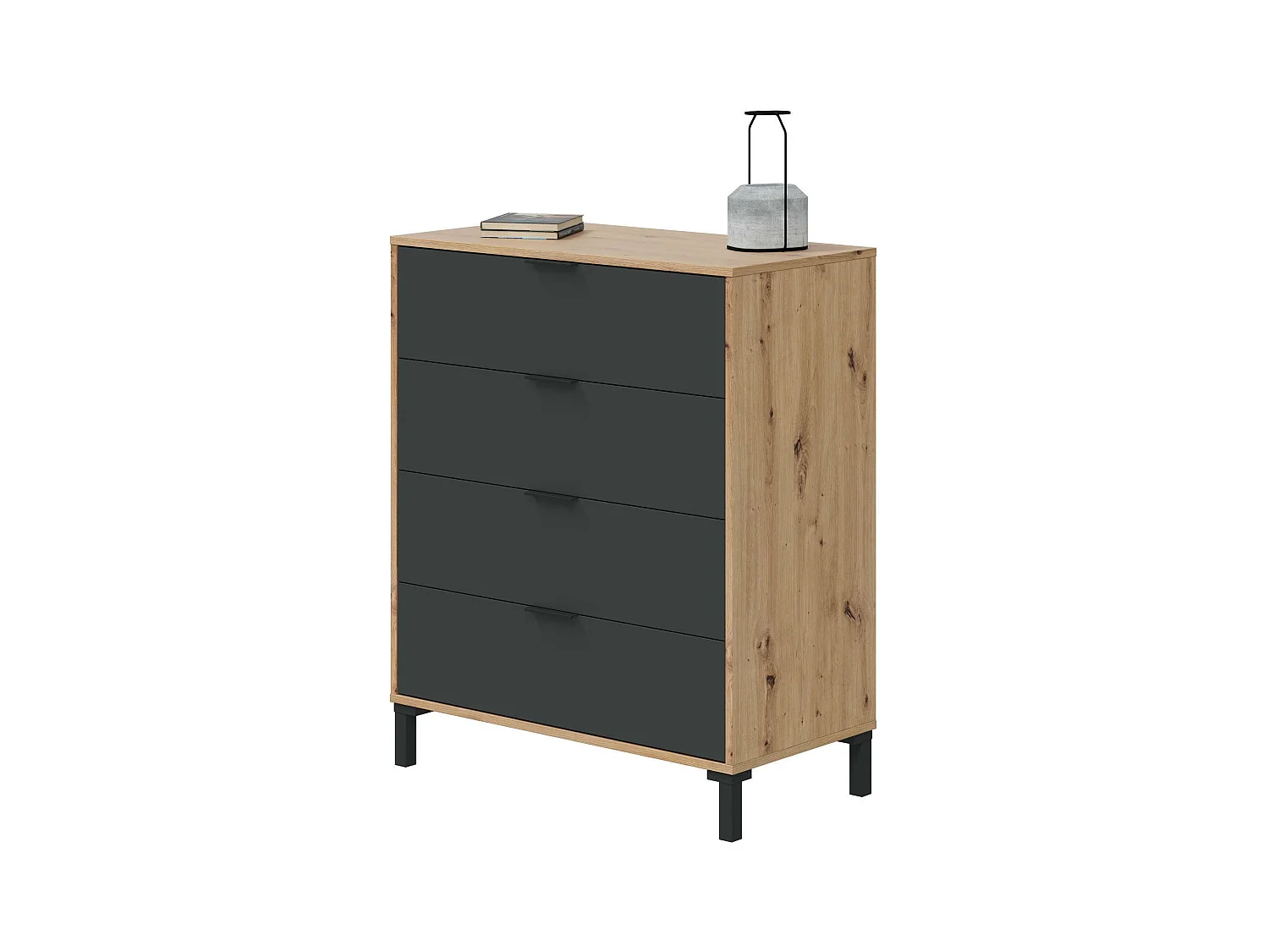 Commode Dmaniero, Commode à 4 tiroirs, Commode pour la chambre, Commode moderne, 76x40h94 cm, Chêne noué et Anthracite