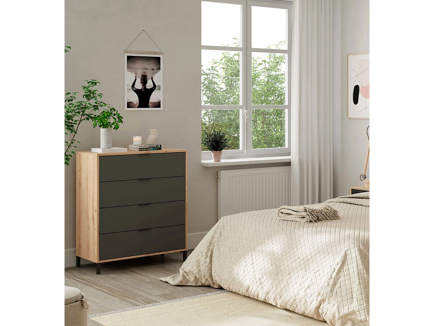 Commode Dmaniero, Commode à 4 tiroirs, Commode pour la chambre, Commode moderne, 76x40h94 cm, Chêne noué et Anthracite