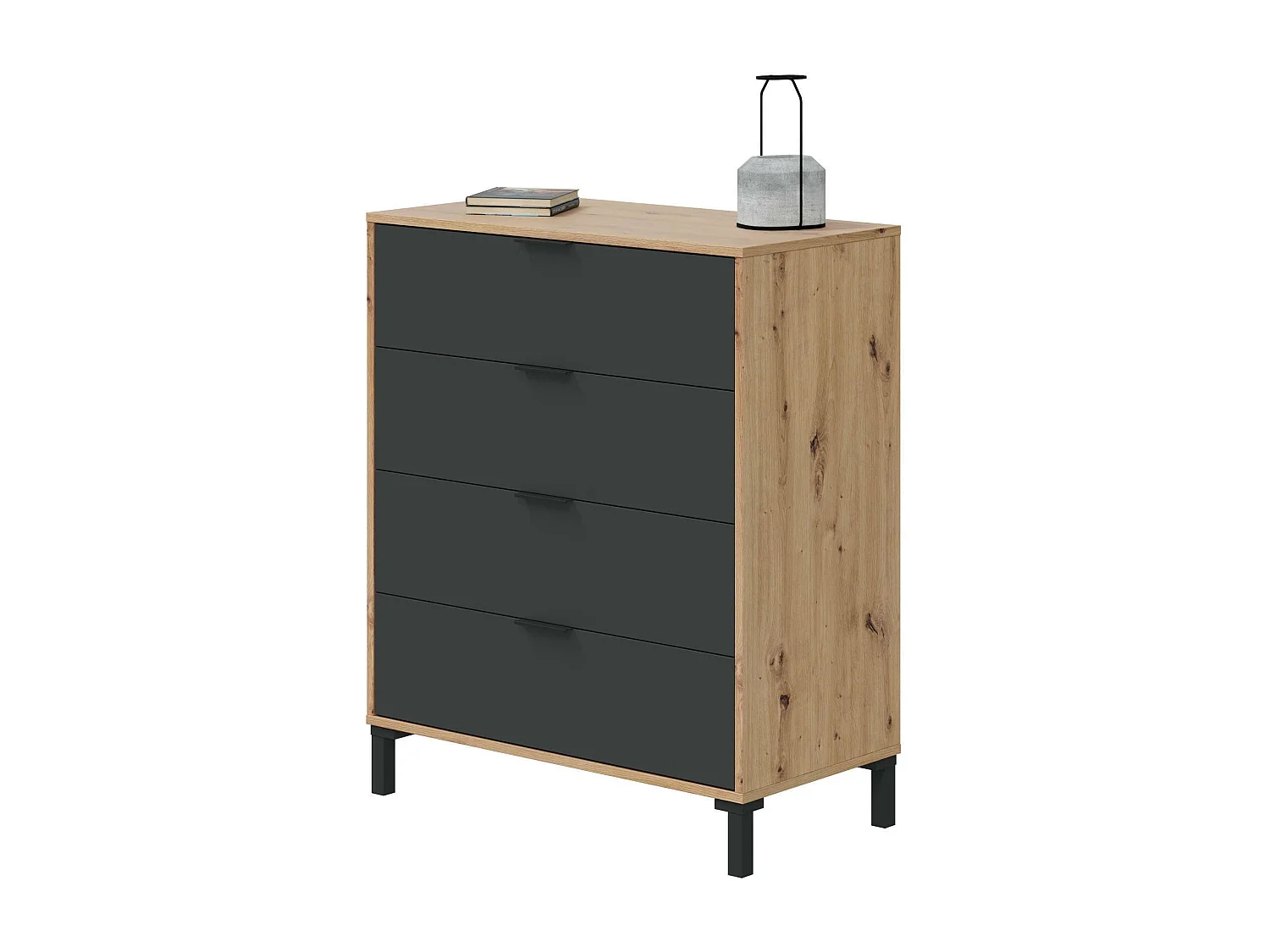 Commode Dmaniero, Commode à 4 tiroirs, Commode pour la chambre, Commode moderne, 76x40h94 cm, Chêne noué et Anthracite