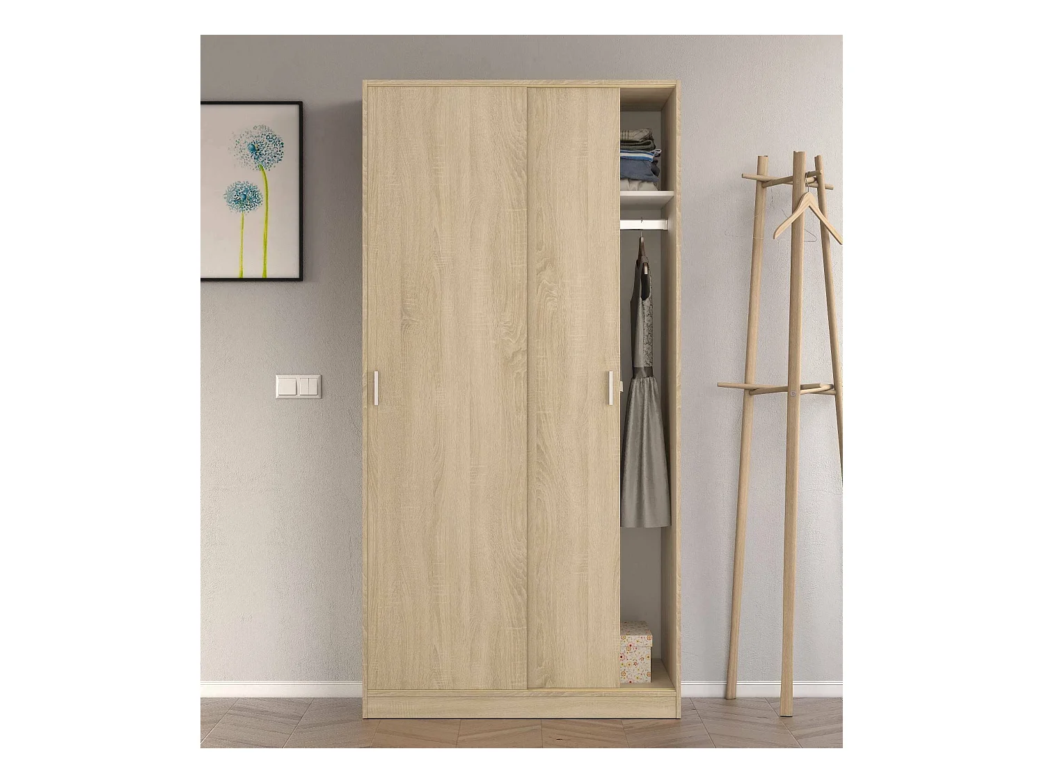 Armoire Dagnan, Armoire de chambre avec 2 portes coulissantes, Armoire avec étagère et tringle à vêtements, 100x50h200 cm, Chêne