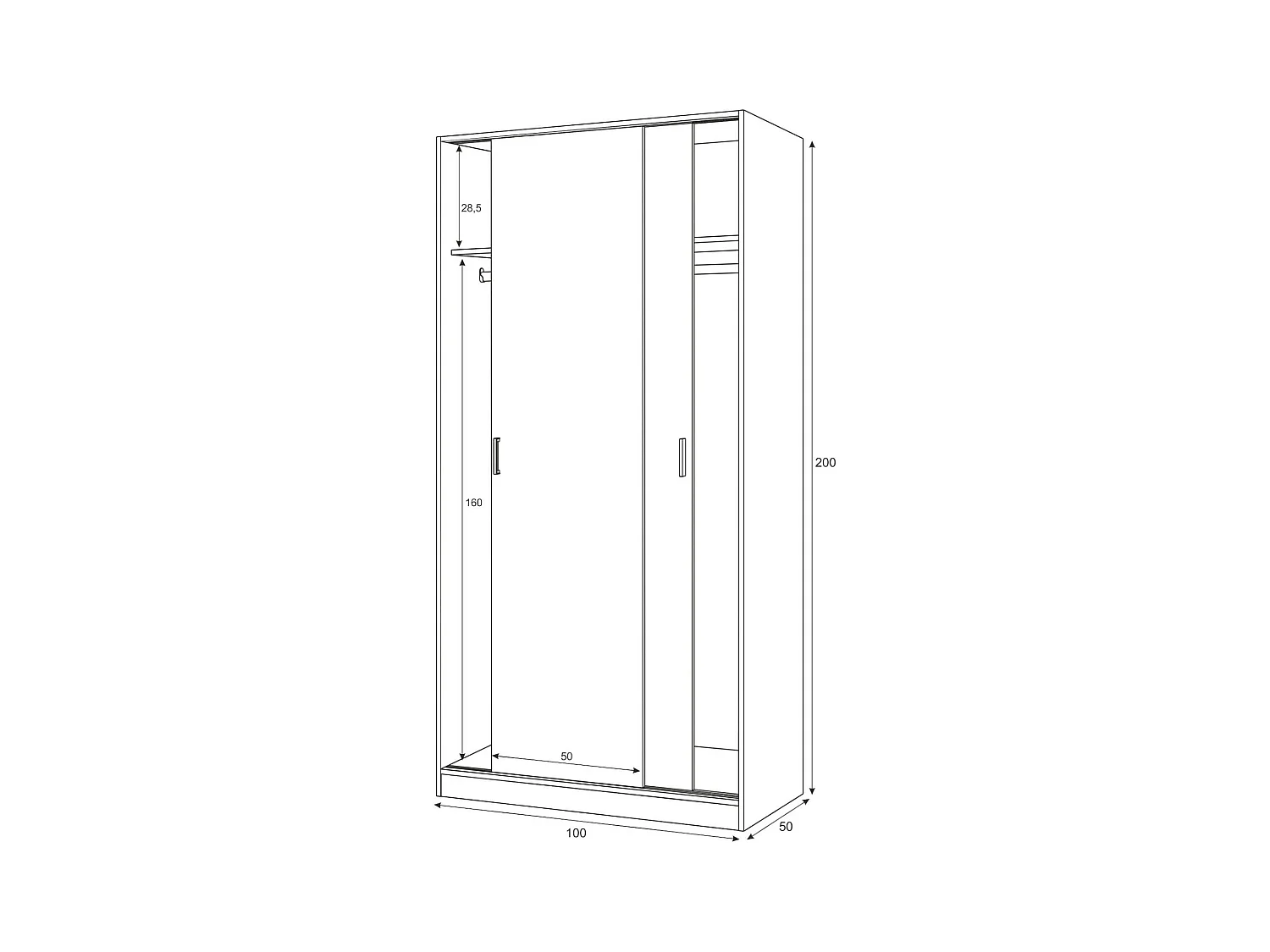 Armoire Dagnan, Armoire de chambre avec 2 portes coulissantes, Armoire avec étagère et tringle à vêtements, 100x50h200 cm, Chêne