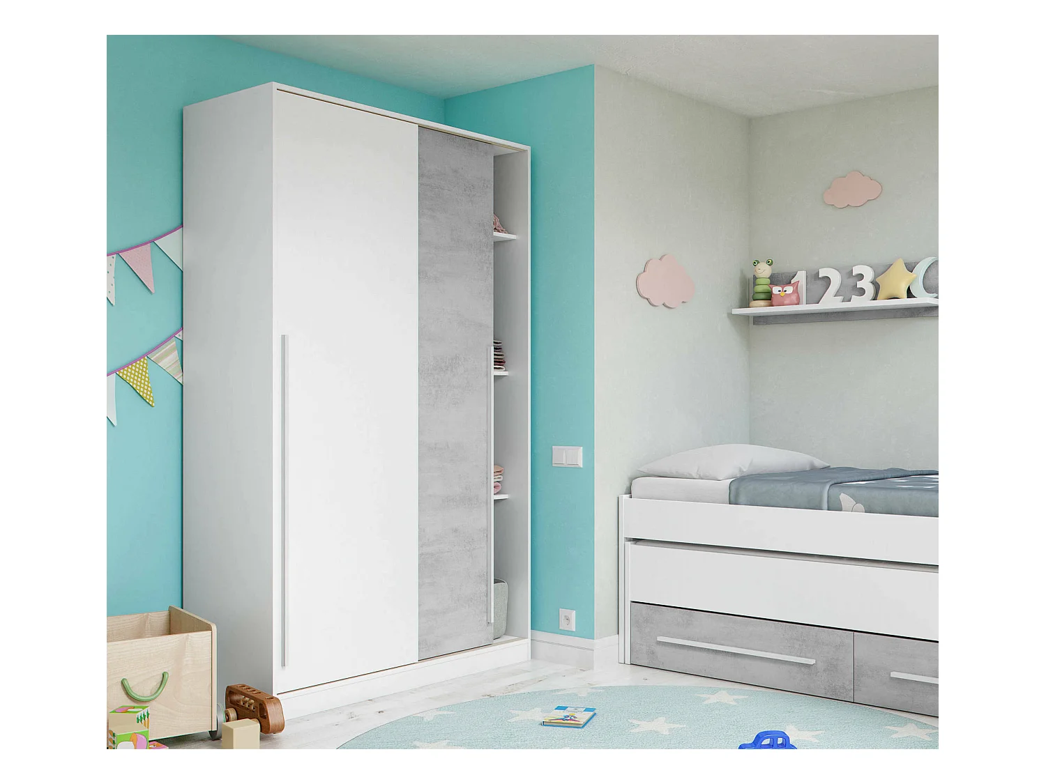 Garderobe Dcelesi, Schlafzimmer Kleiderschrank mit 2 Schiebetüren, Schrank mit Kleiderstange und 3 Einlegeböden, 120x50h200 cm, Zement und Weiß