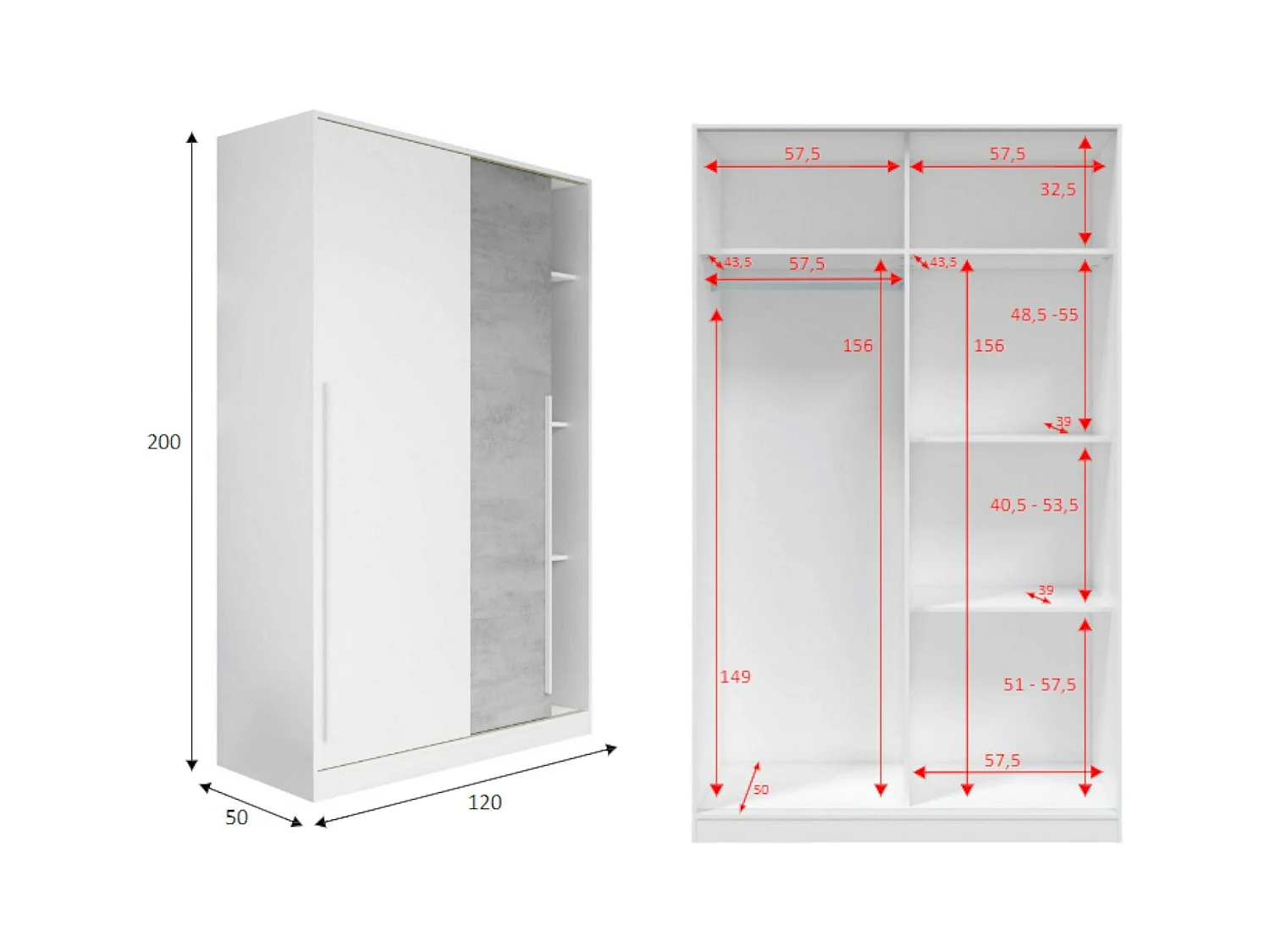Garderobe Dcelesi, Schlafzimmer Kleiderschrank mit 2 Schiebetüren, Schrank mit Kleiderstange und 3 Einlegeböden, 120x50h200 cm, Zement und Weiß