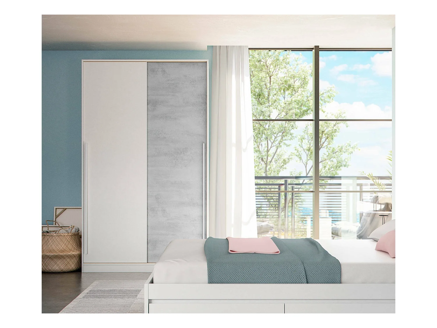 Garderobe Dcelesi, Schlafzimmer Kleiderschrank mit 2 Schiebetüren, Schrank mit Kleiderstange und 3 Einlegeböden, 120x50h200 cm, Zement und Weiß