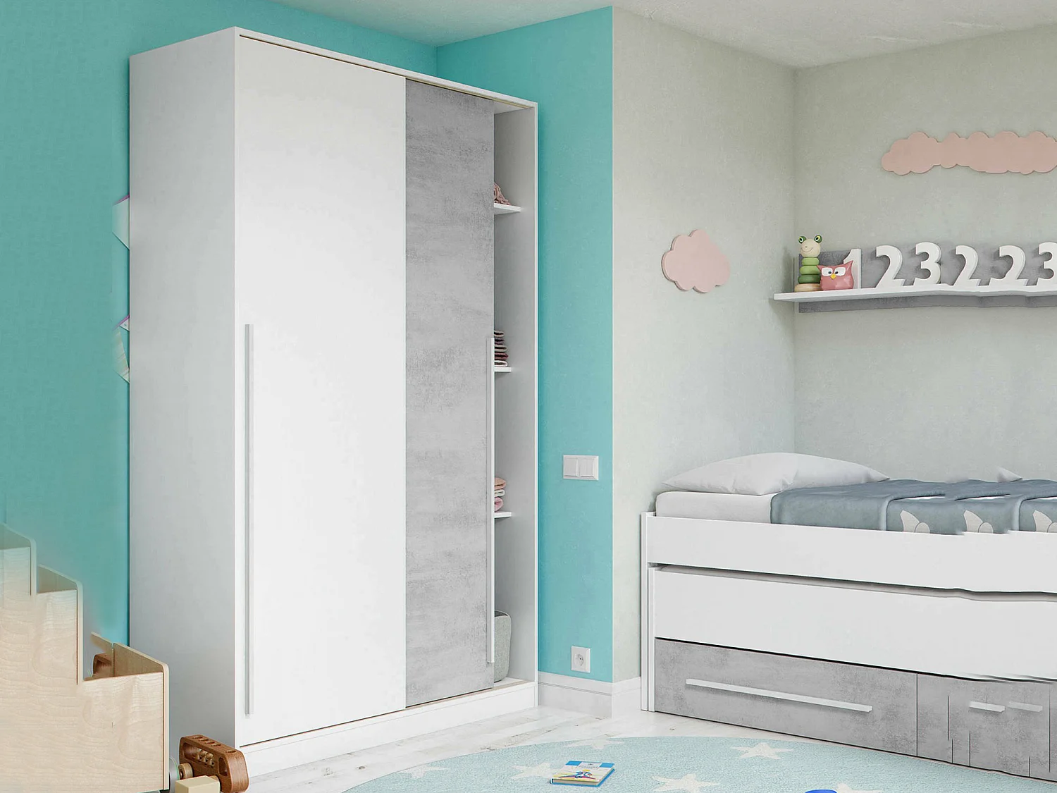 Dcelesi Armoire, Armoire de Chambre avec 2 portes coulissantes, Armoire avec tringle à vêtements et 3 étagères, 120x50h200 cm, Ciment et Blanc