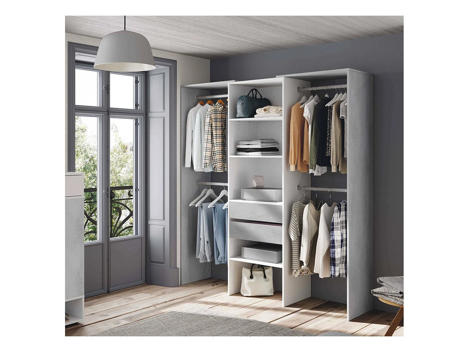 Garderobe Dalala, Struktur für begehbaren Kleiderschrank, Offener Kleiderschrank ohne Türen, Begehbarer Kleiderschrank, 179x50h202 cm, WeiÃŸ und Zement