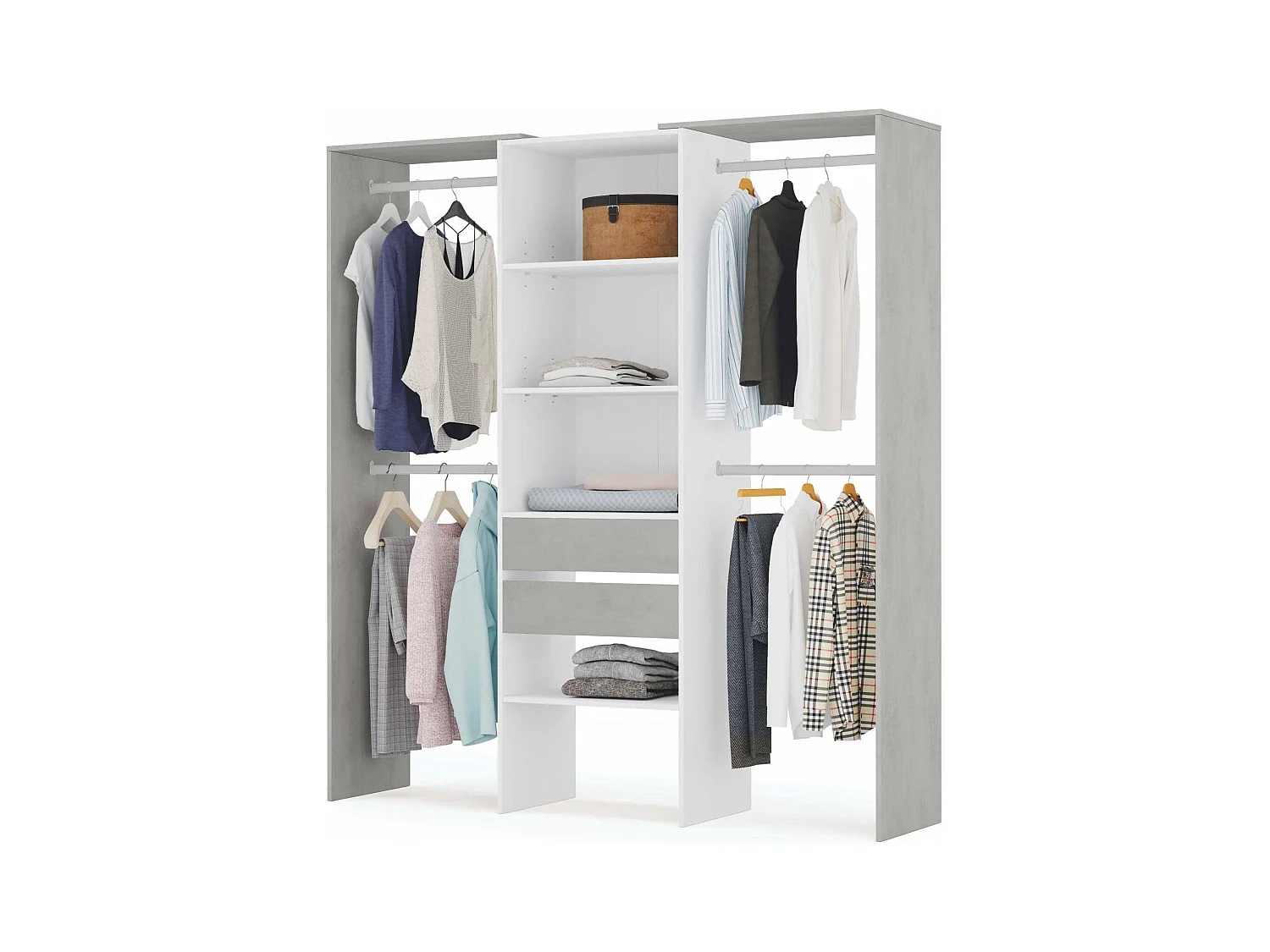 Garderobe Dalala, Struktur für begehbaren Kleiderschrank, Offener Kleiderschrank ohne Türen, Begehbarer Kleiderschrank, 179x50h202 cm, WeiÃŸ und Zement