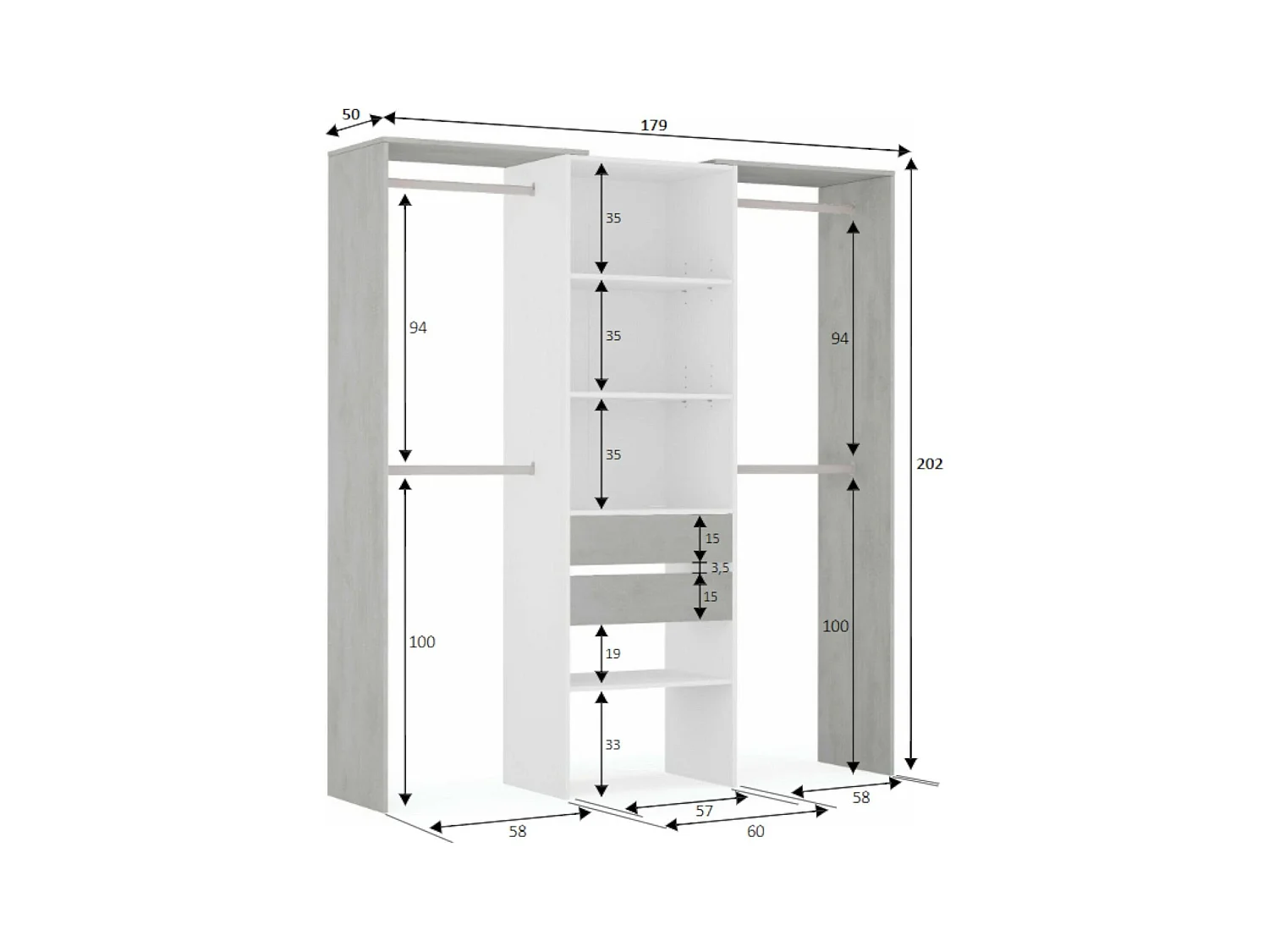 Armoire Dalala, Structure pour dressing, Armoire ouverte sans portes, Dressing, 179x50h202 cm, Blanc et Ciment