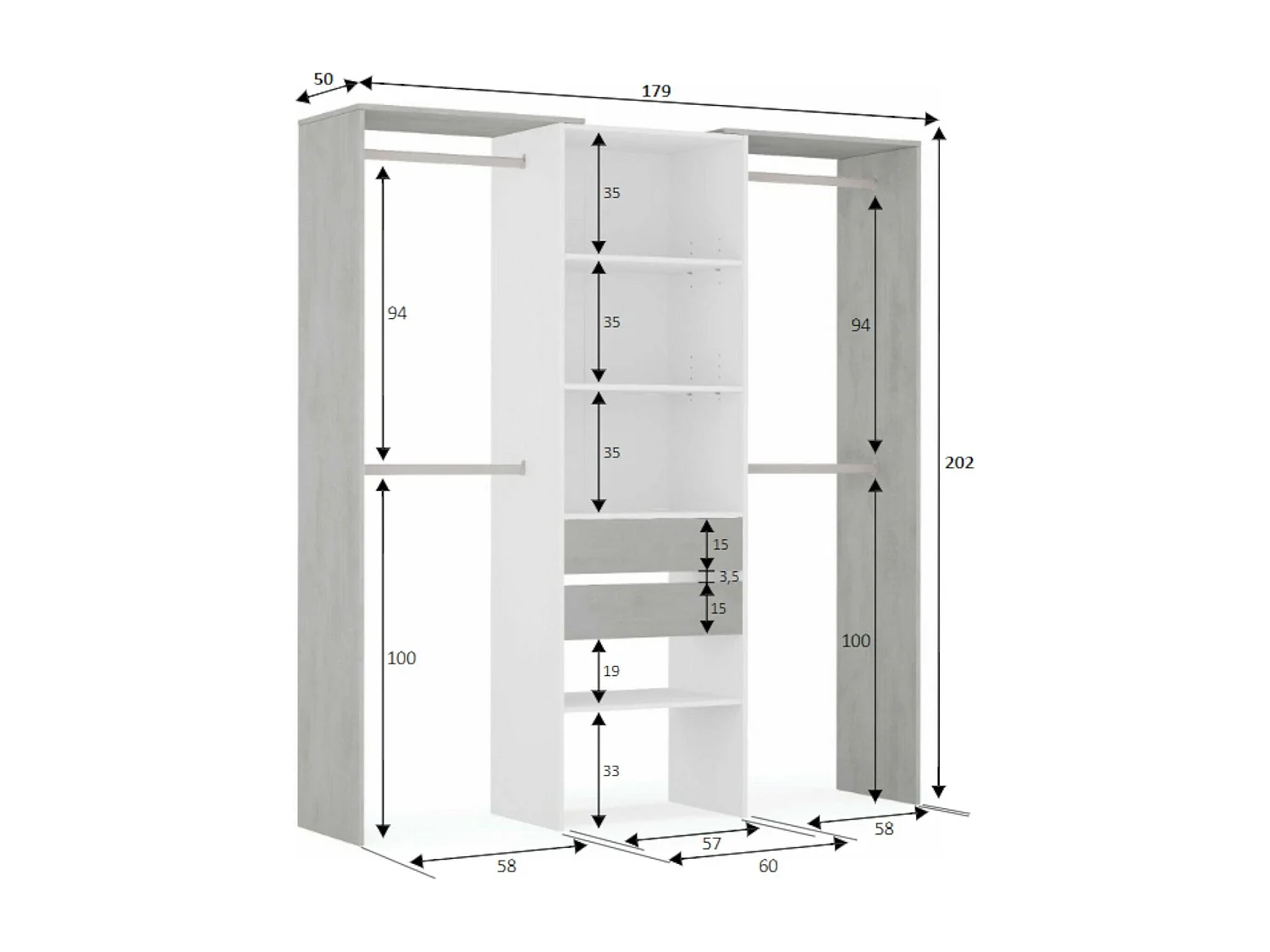 Dalala kledingkast, Structuur voor inloopkast, Open kledingkast zonder deuren, Inloopkast, 179x50h202 cm, Wit en Cement