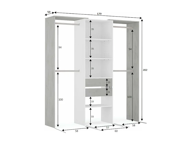 Roupeiro Dalala, Estrutura para roupeiro, Roupeiro aberto sem portas, Roupeiro, 179x50h202 cm, Branco e Cimento