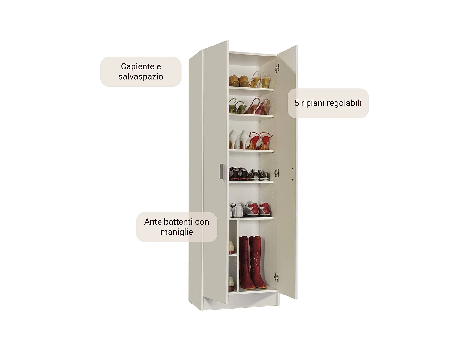 Mehrzweck-Kabinett Dimarc, Beistellschrank mit 2 Türen, Moderne Schuhregalgarderobe, Vertikales Schuhregal, 59x37h180 cm, Weiß