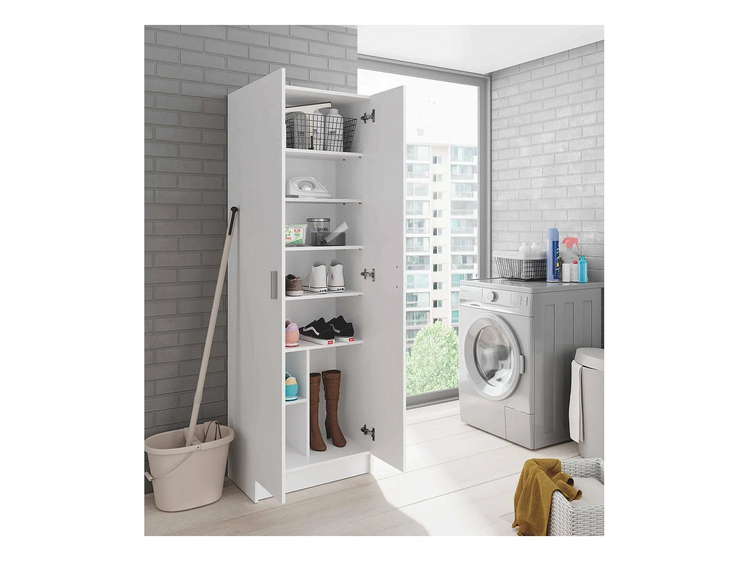 Armoire polyvalente Dimarc, Armoire auxiliaire avec 2 portes, Armoire à chaussures moderne, Étagère à chaussures verticale, 59x37h180 cm, Blanc