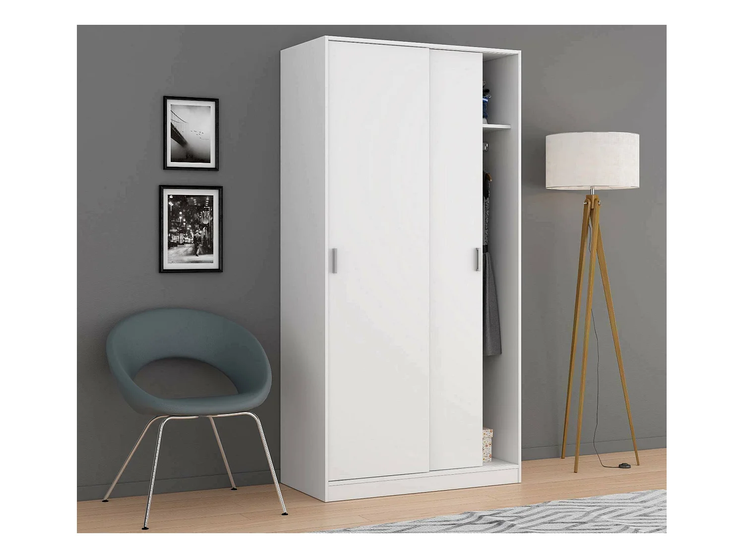 Dagnan Armoire, Armoire de Chambre avec 2 portes coulissantes, Armoire avec étagère et tringle à vêtements, 100x50h200 cm, Blanc