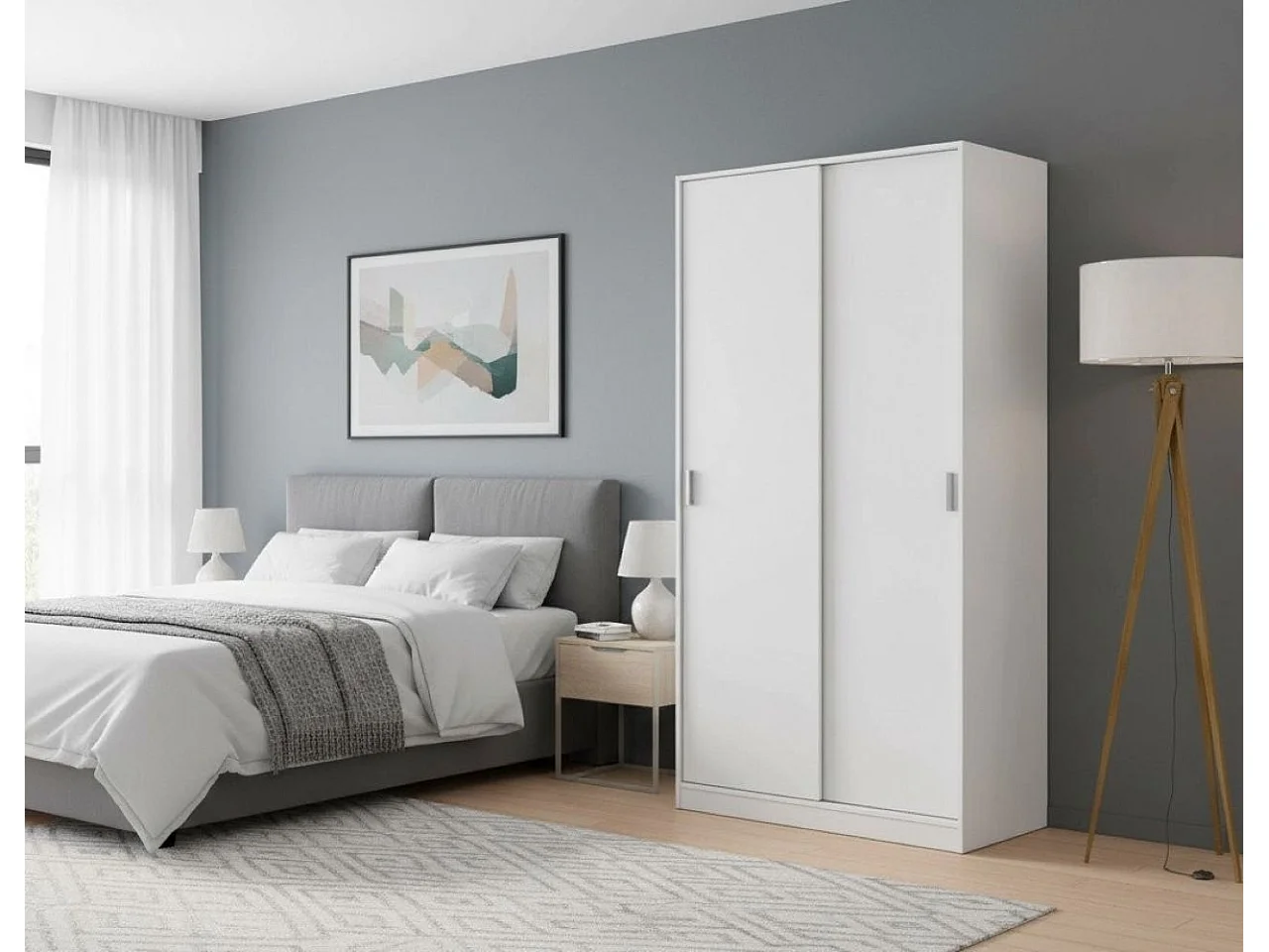 Armário Dagnan, Armário de quarto com 2 portas de correr, Armário com prateleira e varão, 100x50h200 cm, Branco