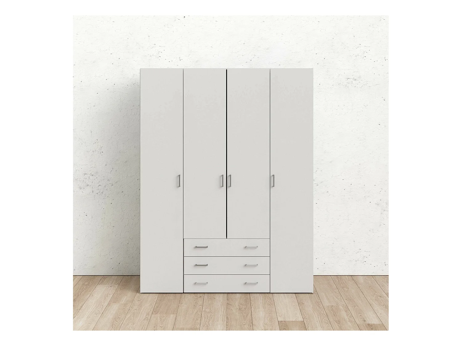 Armario de cuatro puertas y tres cajones, color blanco, Medidas 154 x 200 x 49 cm