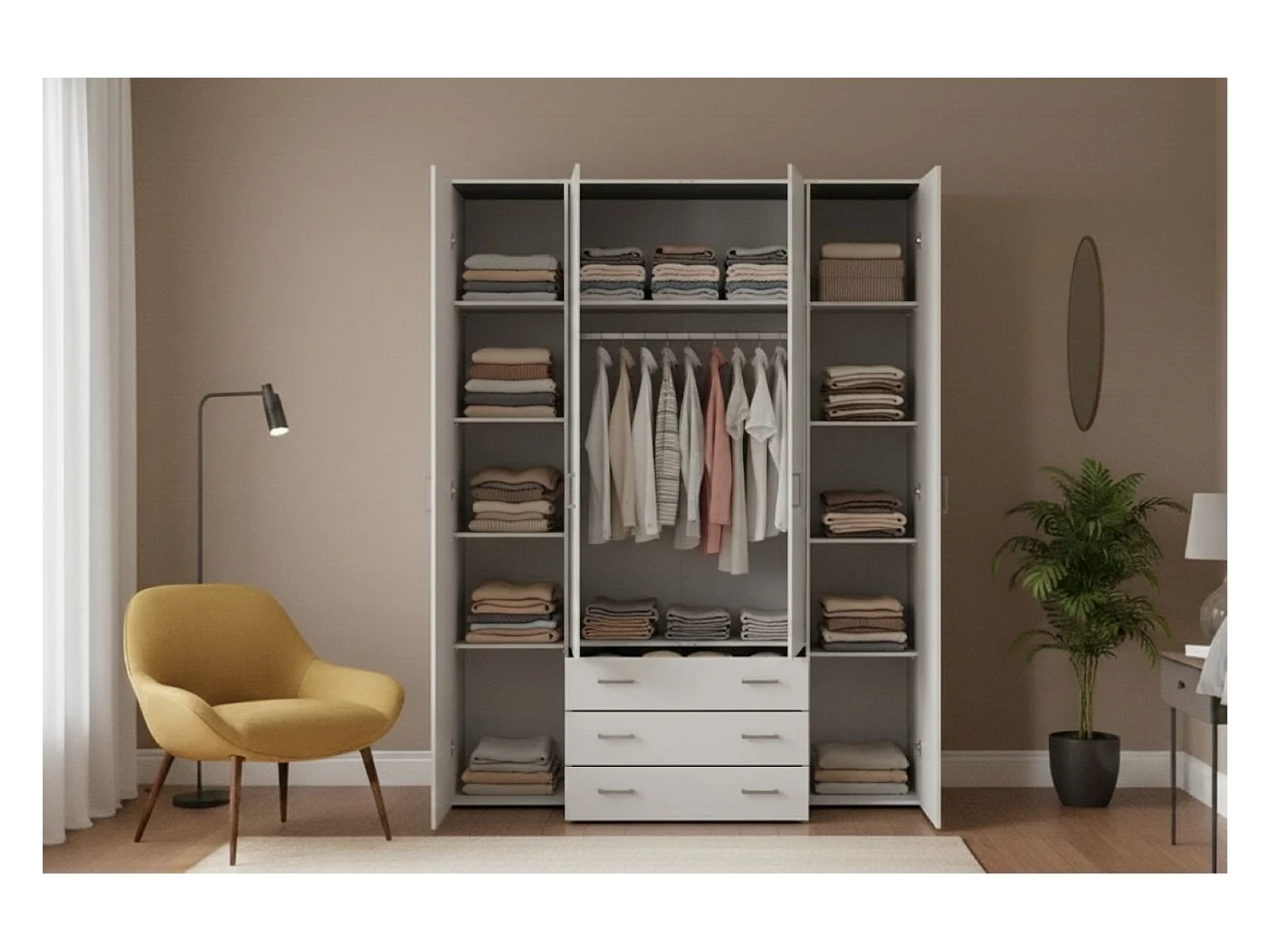 Armoire à quatre portes et trois tiroirs, couleur blanche, Dimensions 154 x 200 x 49 cm