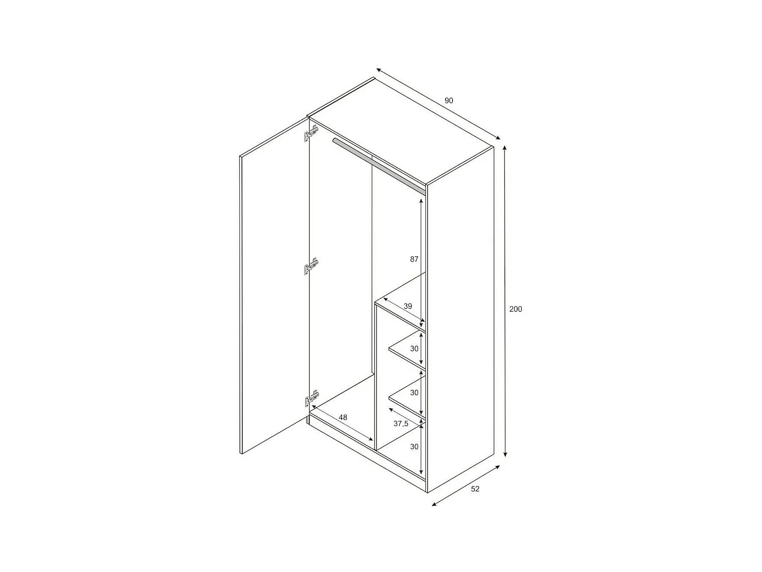 Armário Dgorett, Armário para quarto, Armário com 3 portas e 3 prateleiras com varão, 90x52h200 cm, Cinza e Rosa