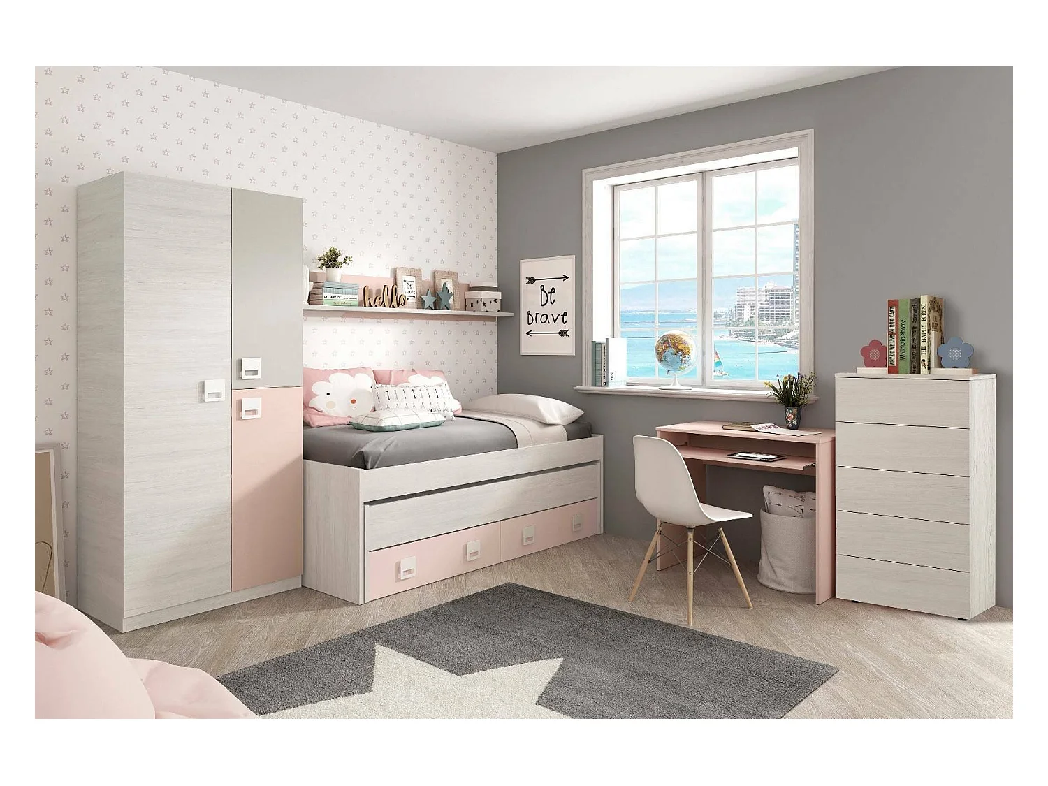 Armário Dgorett, Armário para quarto, Armário com 3 portas e 3 prateleiras com varão, 90x52h200 cm, Cinza e Rosa